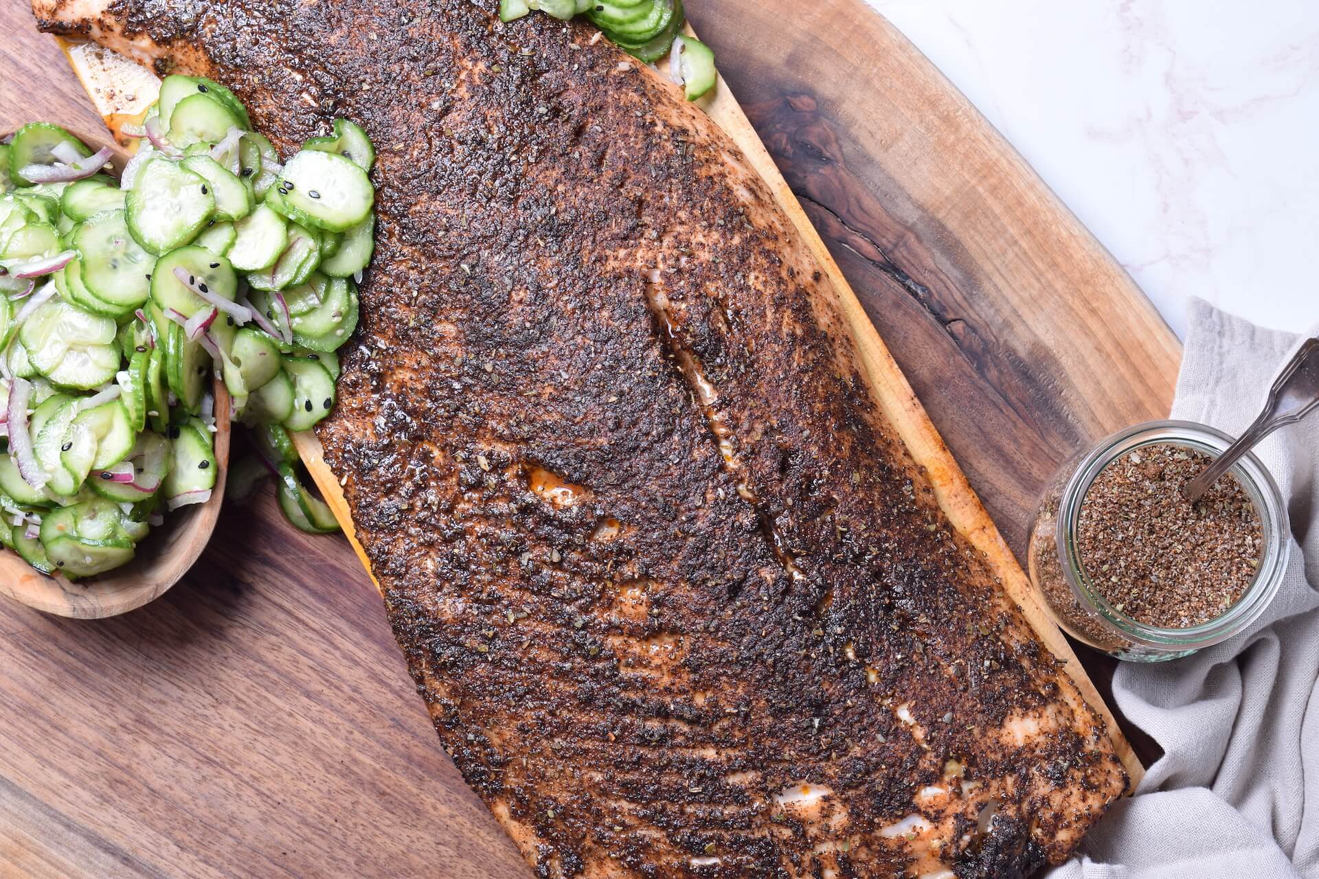Cedar Plank Blackened Salmon with Tzatziki - fish recipe by Carolyn Cohen