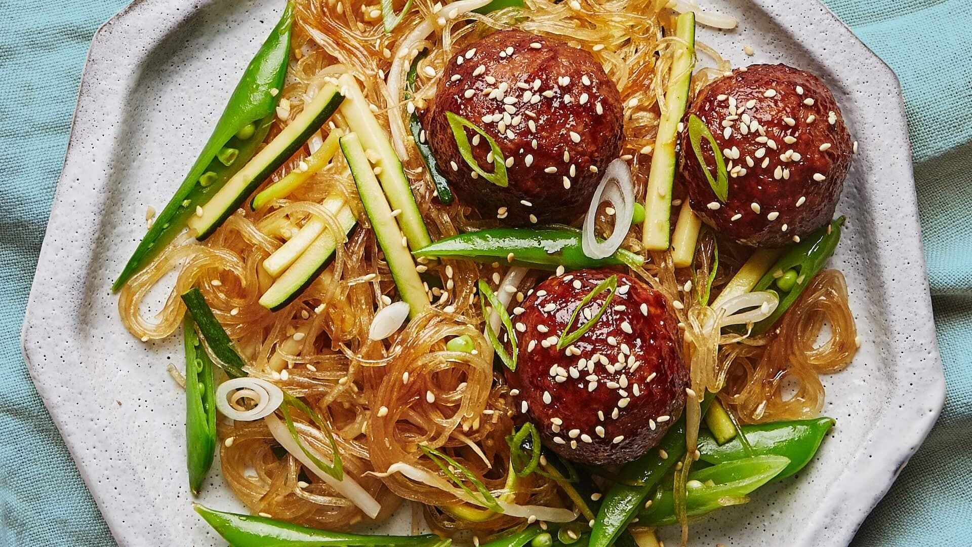 Hoisin Turkey Meatballs with Rice Noodles and Boston Lettuce