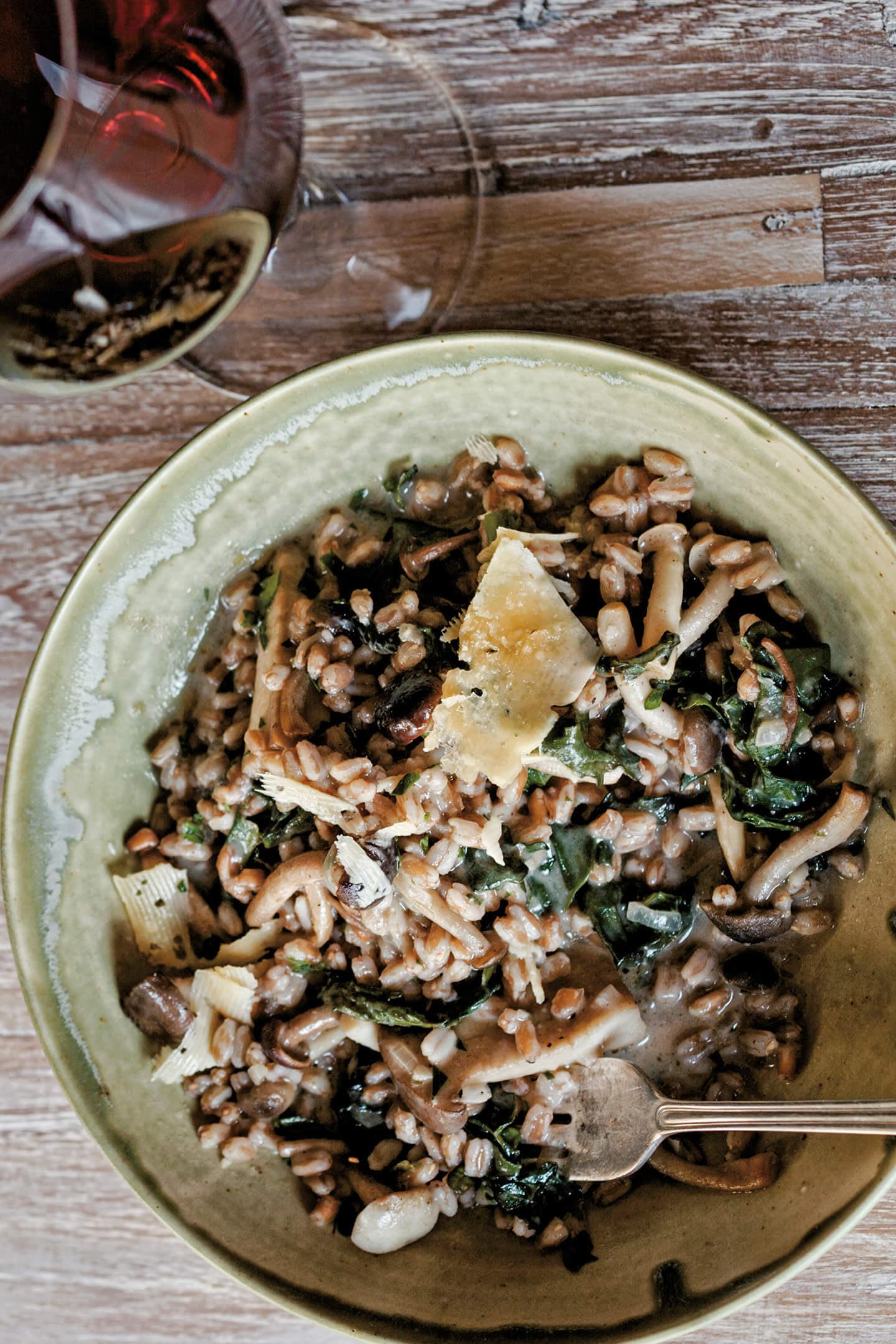 Farroto with Wild Mushrooms and Black Kale - recipe by Carolyn Cohen