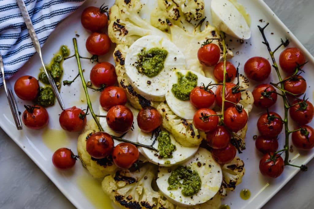 Cauliflower Pesto Caprese Salad with Blistered Tomatoes