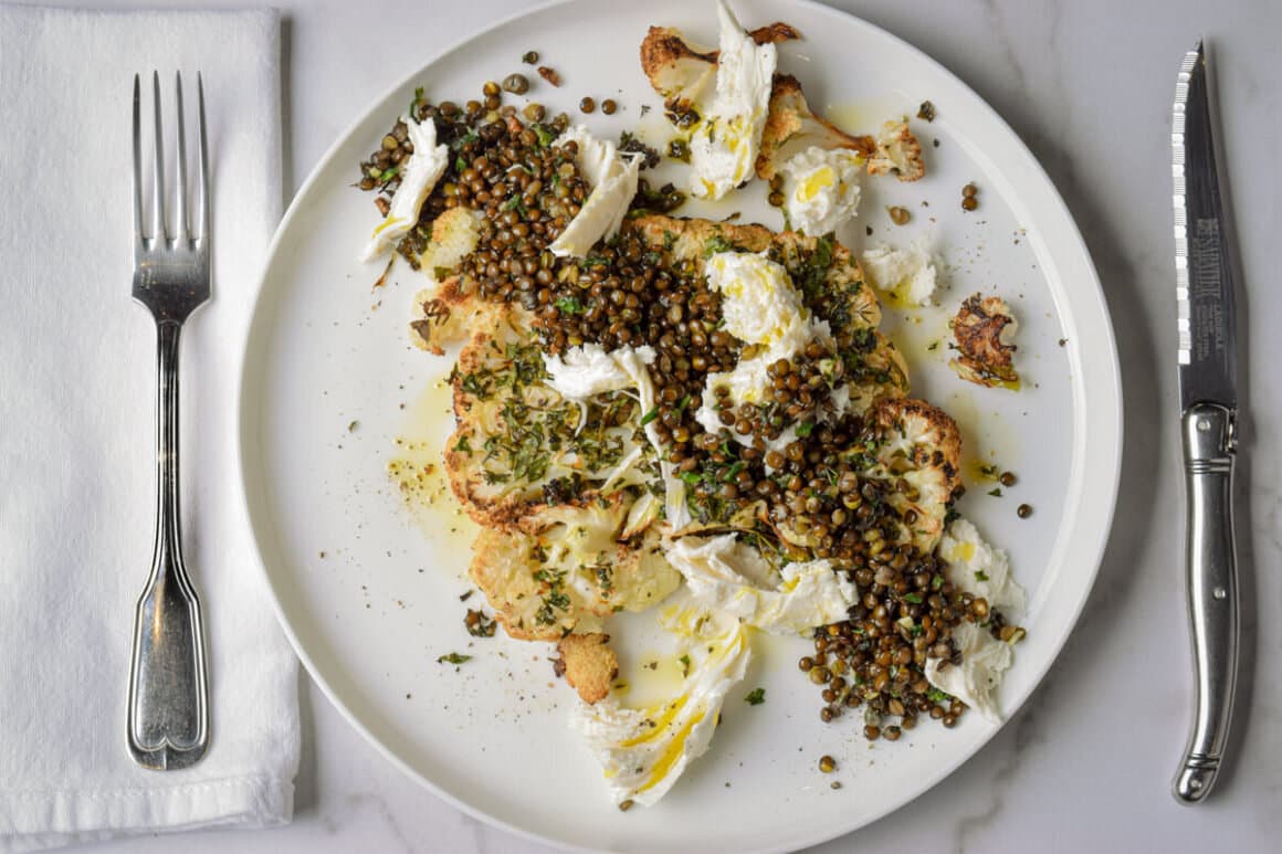 Herb Salt-Crusted Cauliflower Steaks with Beluga Lentils and Fresh Mozzarella