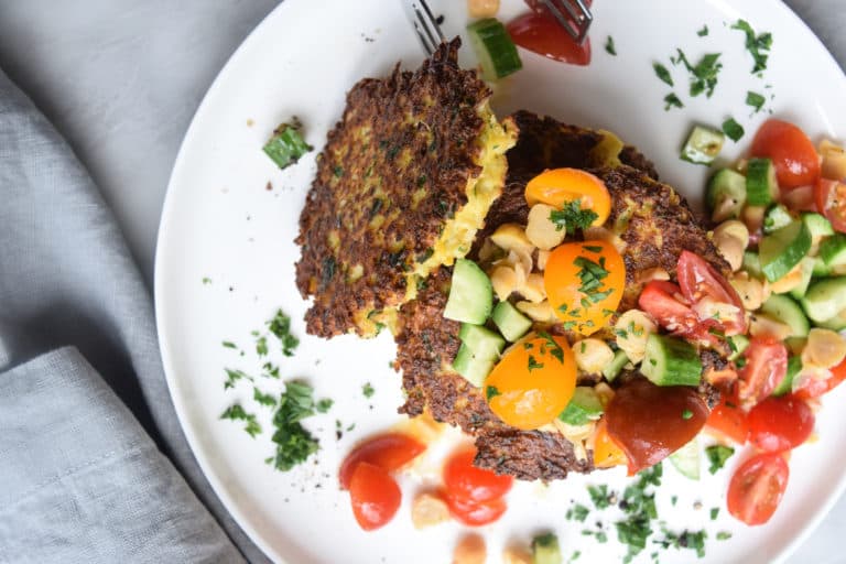4 Ingredient Cauliflower Fritters with Tomato, Cucumber and Chickpea Chop