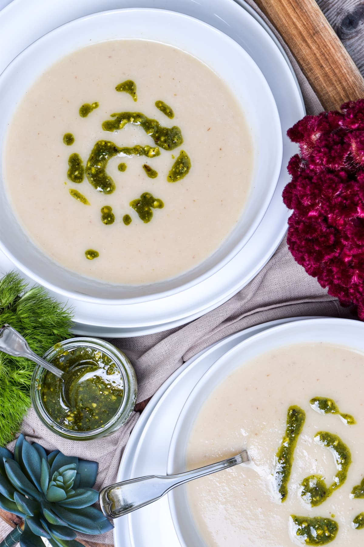Fennel and Celeriac Soup with Pistachio Chive Oil
