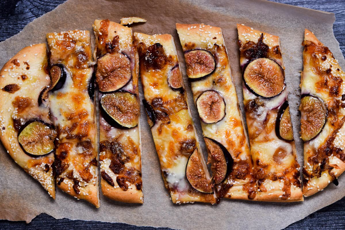Grilled Pizza | Kashkaval | Caramelized Onion| Fig | Honey - recipe by Carolyn Cohen