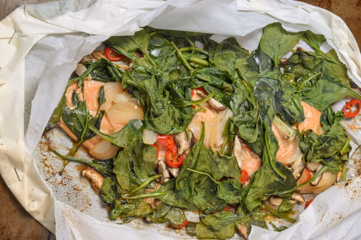 Parchment Steamed Fish with Ginger, Scallions and Greens