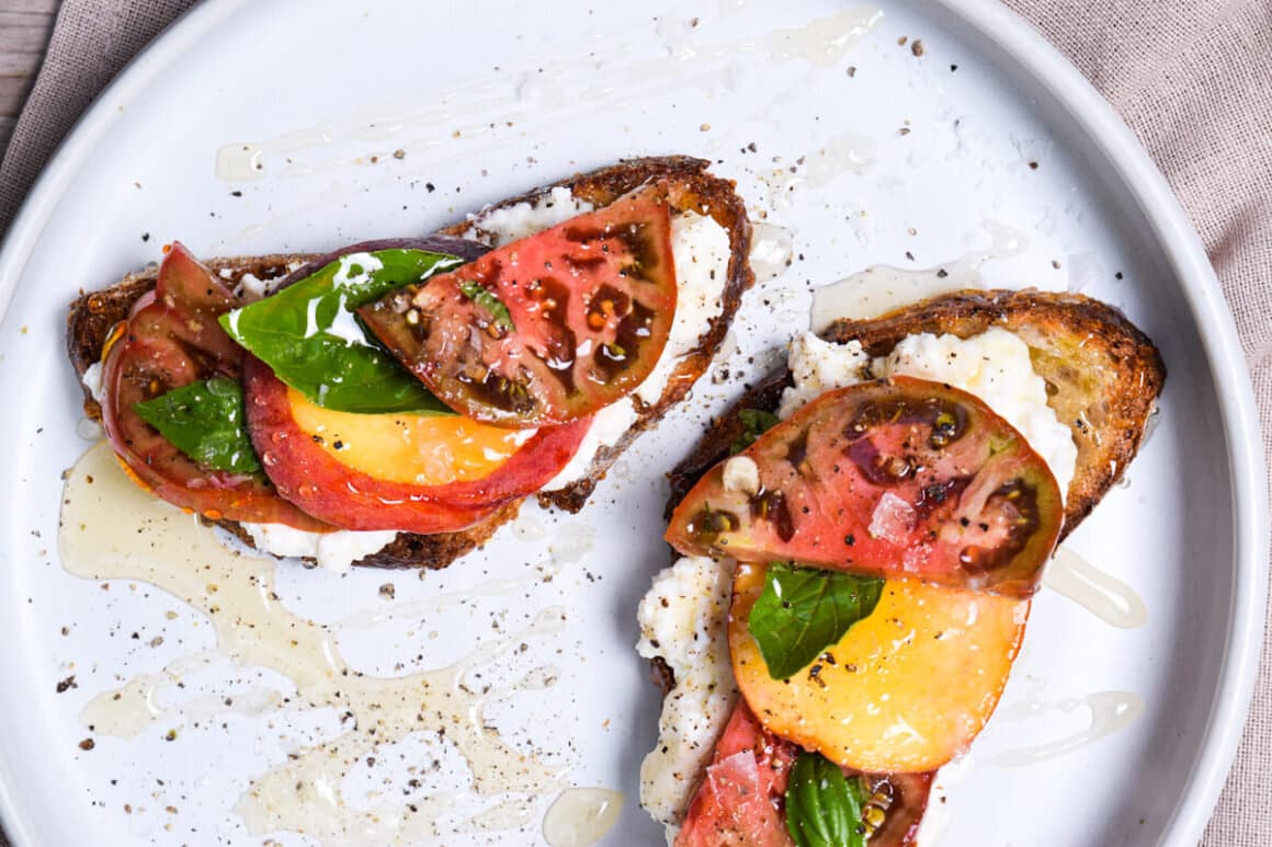 Peach, Tomato and Ricotta Crostini