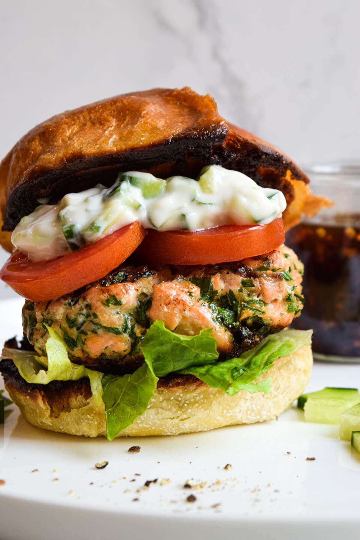 Gourmet Salmon Burger with Sweet Chili Sauce