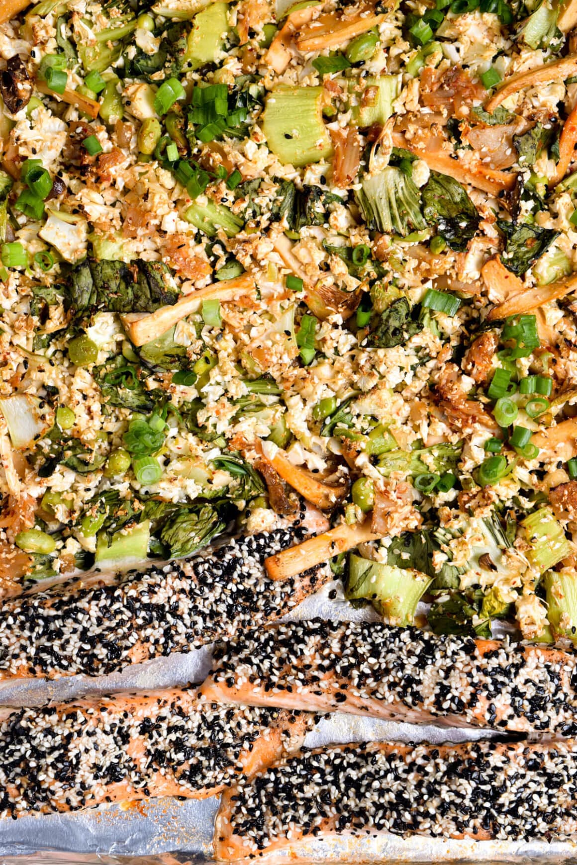 Sheet Pan Cauliflower Kimchi Fried Rice with Sesame Salmon
