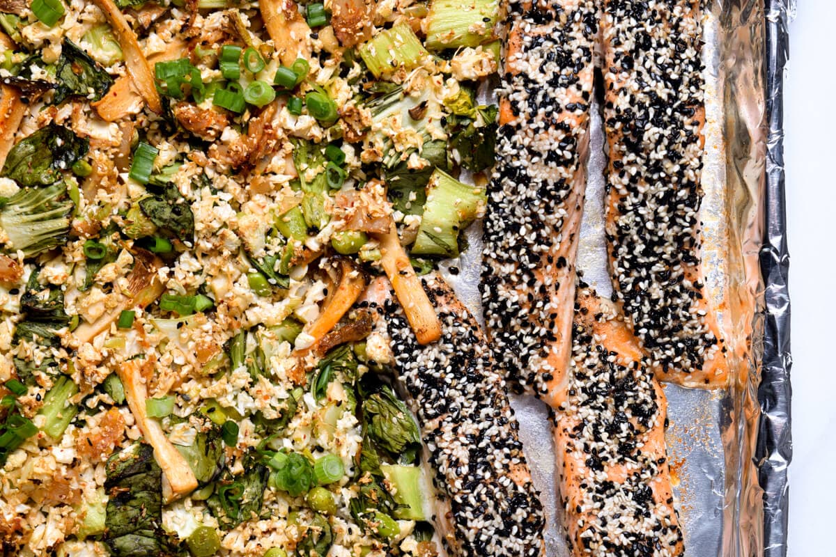 Sheet Pan Cajun Salmon and Fried Rice