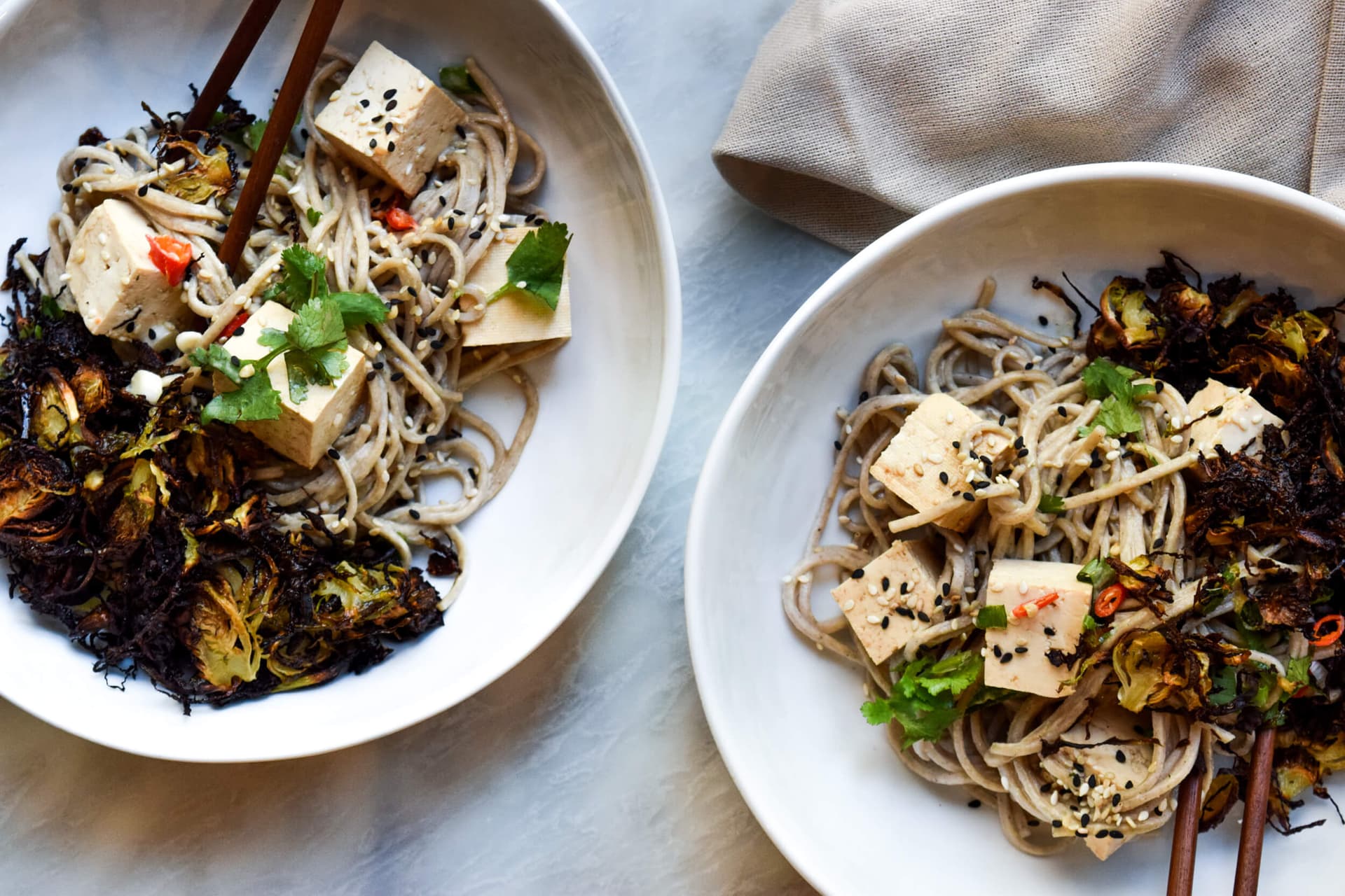 Fresh Tofu Tangled Between Crispy Brussels Sprouts and Sesame Soba
