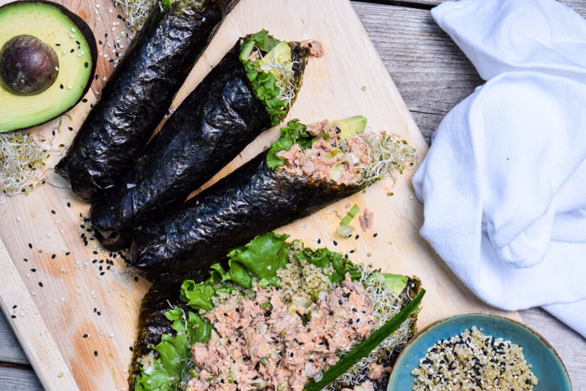Spicy Tuna Salad Nori Wraps with Quinoa and Avocado