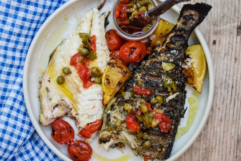 Grilled Whole Mediterranean Sea Bass with Charred Tomato,