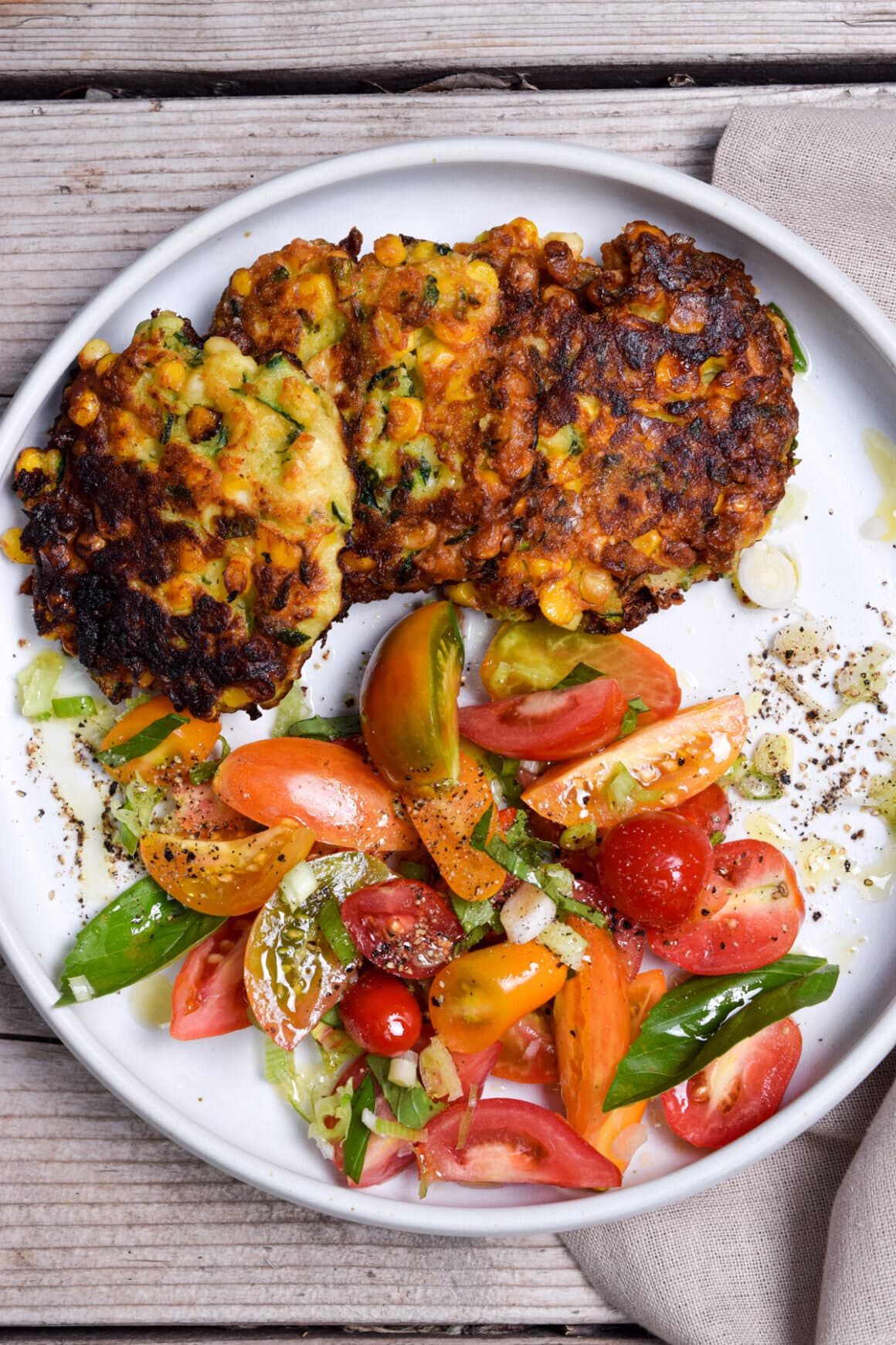 Zucchini Corn Fritters with Tomato Salad