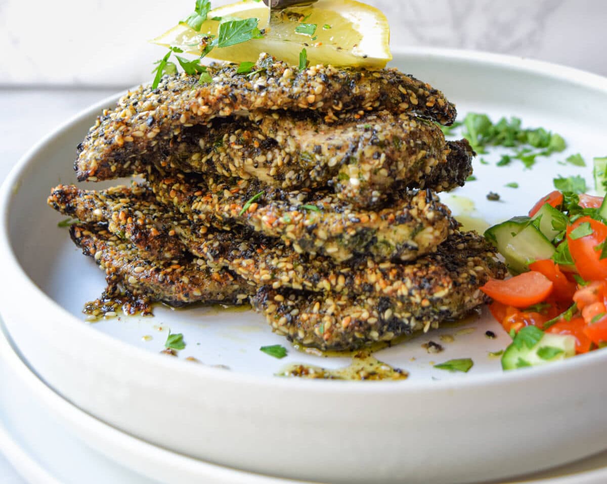 Baked Sesame Quinoa Crusted Chicken Schnitzel with Bruschetta Topping