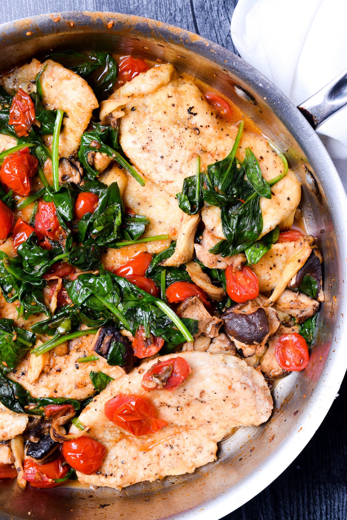 Chicken Scaloppine with Tomato, Mushrooms and Spinach